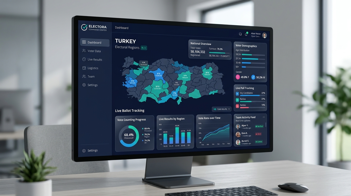 Seçim+ Komuta Merkezi Dashboard — seçim günü canlı sandık ve müşahit takip ekranı